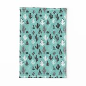 Blue black and white cactus and teepee botanical summer garden and indian arrow geometric grunge illustration pattern print