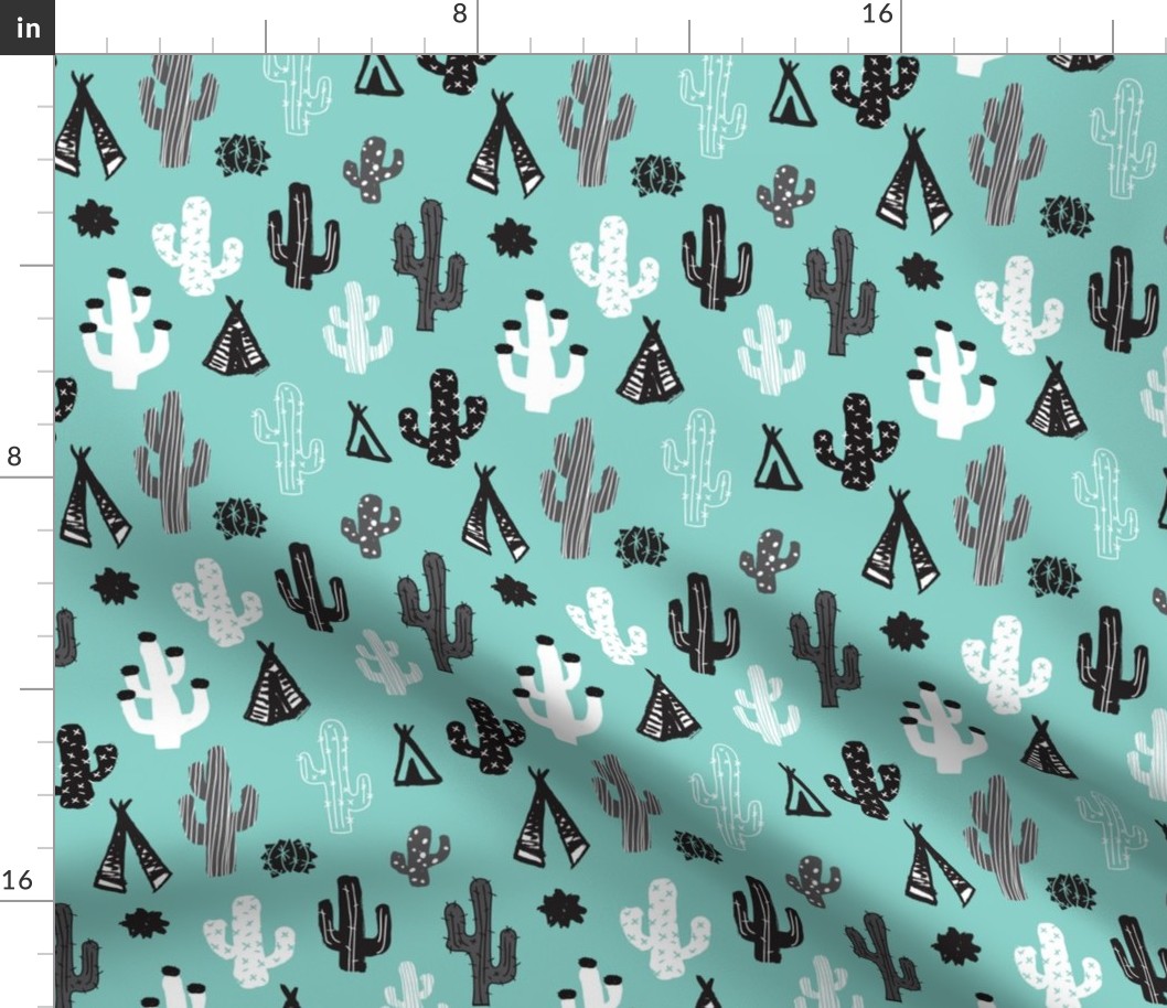 Blue black and white cactus and teepee botanical summer garden and indian arrow geometric grunge illustration pattern print