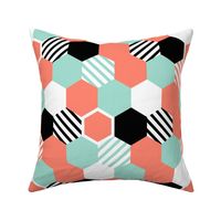 Coral Mint Black White Hexagons