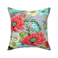 Watercolor floral, Poppy garden // watercolor-garden-flowers-butterflies on cool grey