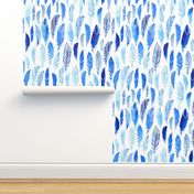 Blue watercolor feathers on white background