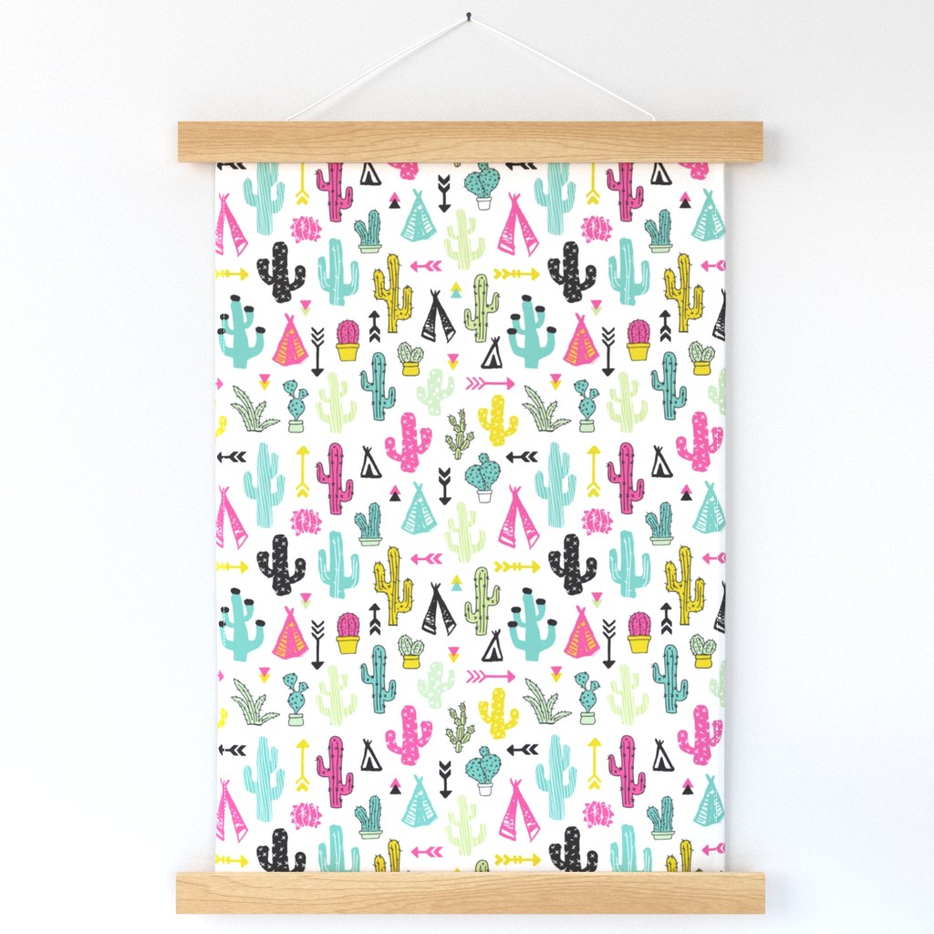 Colorful cactus and teepee botanical summer garden and indian arrow geometric grunge illustration pattern print
