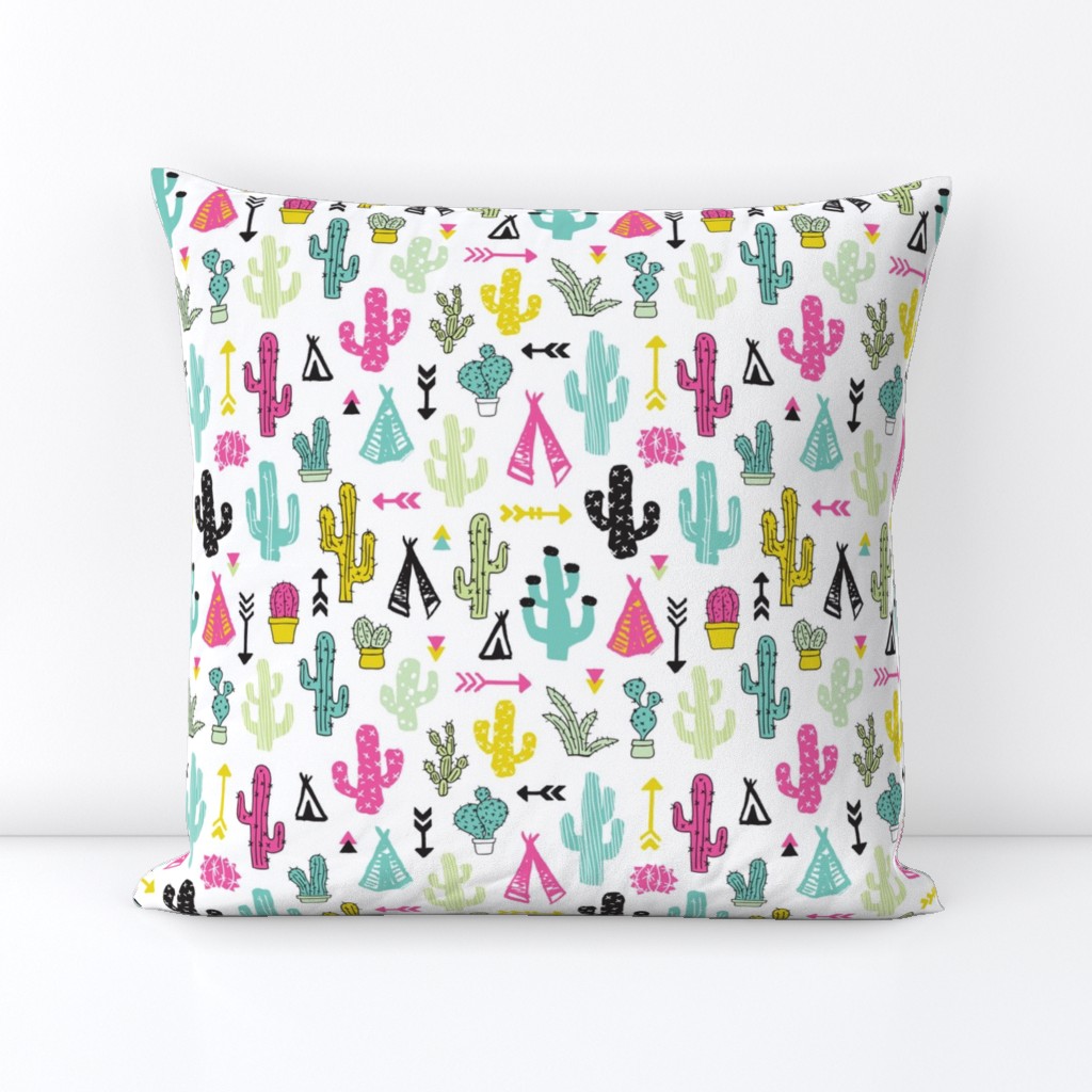 Colorful cactus and teepee botanical summer garden and indian arrow geometric grunge illustration pattern print