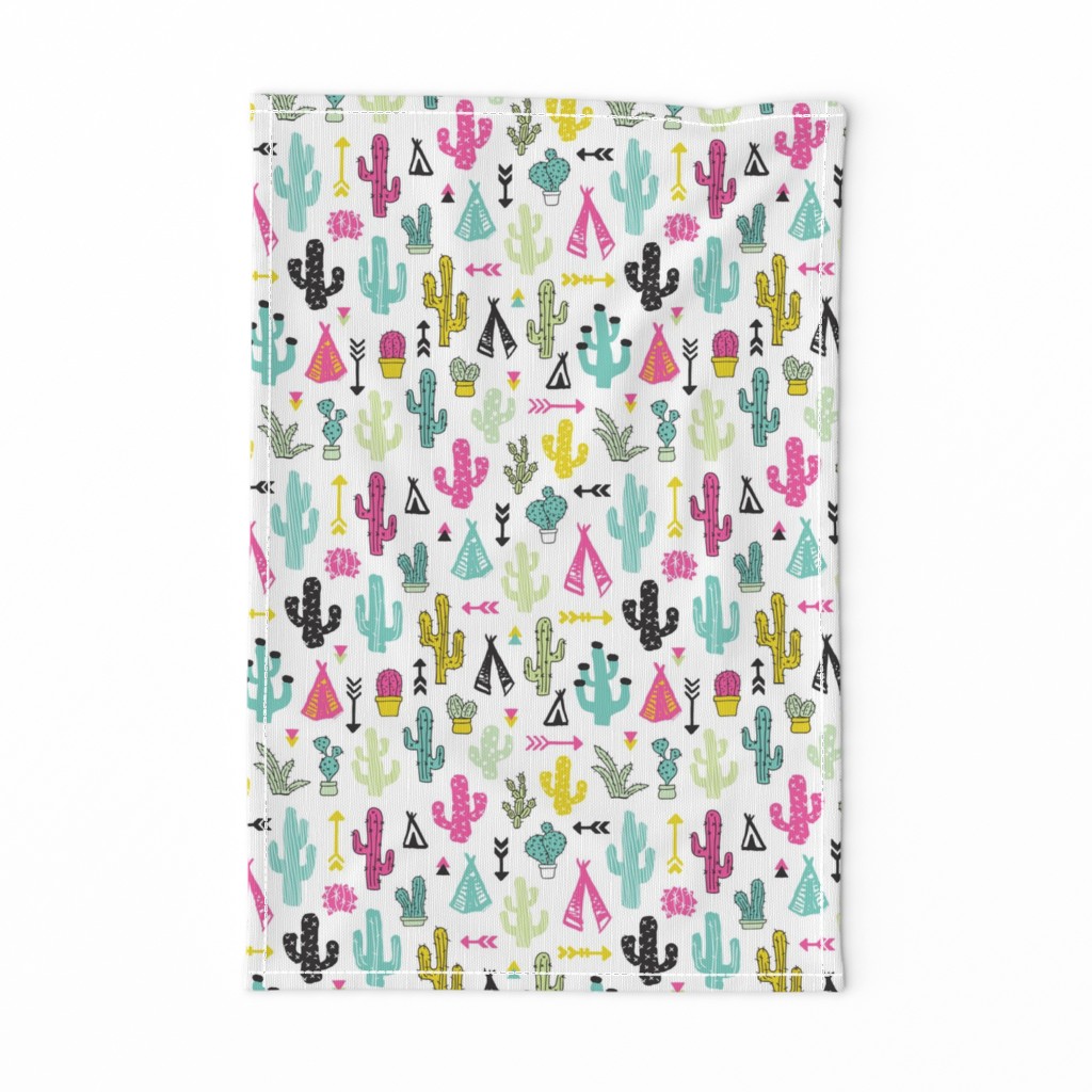 Colorful cactus and teepee botanical summer garden and indian arrow geometric grunge illustration pattern print