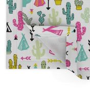 Colorful cactus and teepee botanical summer garden and indian arrow geometric grunge illustration pattern print