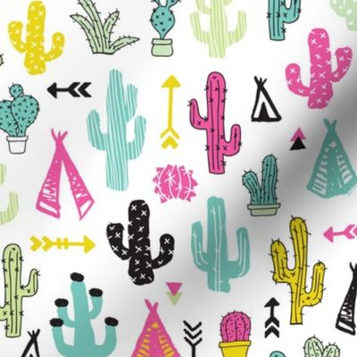 Colorful cactus and teepee botanical summer garden and indian arrow geometric grunge illustration pattern print