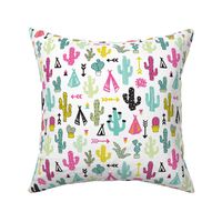 Colorful cactus and teepee botanical summer garden and indian arrow geometric grunge illustration pattern print