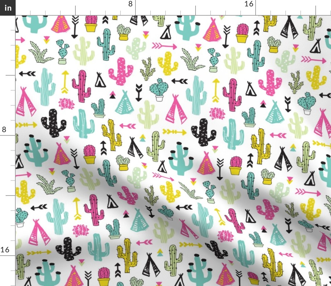 Colorful cactus and teepee botanical summer garden and indian arrow geometric grunge illustration pattern print