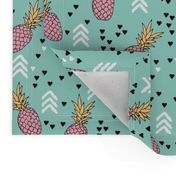 Tropical hawaiian aqua blue and pink pineapple summer fruit geometric arrow pattern print