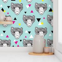 Colorful grizzly bear scandinavian spring woodland hand dran illustration pattern in blue