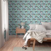 Colorful grizzly bear scandinavian spring woodland hand dran illustration pattern in blue