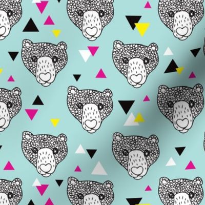 Colorful grizzly bear scandinavian spring woodland hand dran illustration pattern in blue