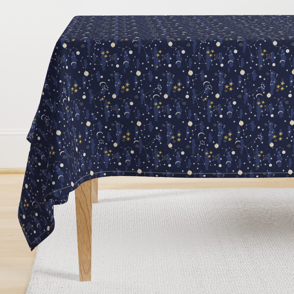 Cartoon cosmos fabric design - moon, planets, space and stars