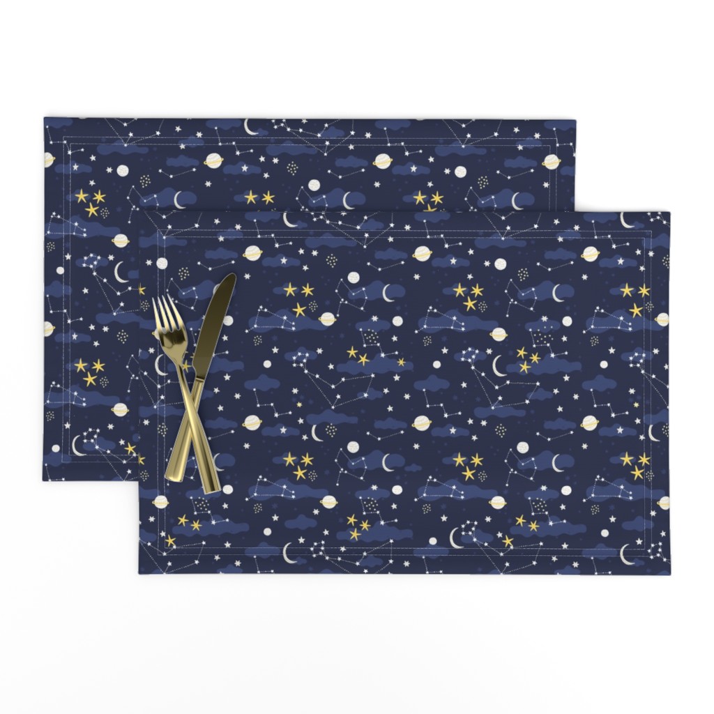 Cartoon cosmos fabric design - moon, planets, space and stars