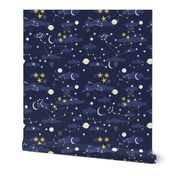 Cartoon cosmos fabric design - moon, planets, space and stars