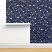Cartoon cosmos fabric design - moon, planets, space and stars