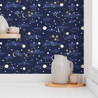 Cartoon cosmos fabric design - moon, planets, space and stars