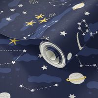 Cartoon cosmos fabric design - moon, planets, space and stars