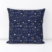 Cartoon cosmos fabric design - moon, planets, space and stars