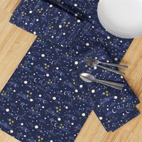 Cartoon cosmos fabric design - moon, planets, space and stars