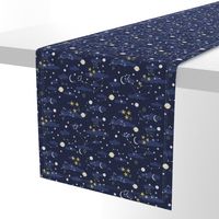 Cartoon cosmos fabric design - moon, planets, space and stars