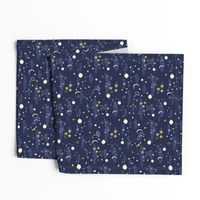 Cartoon cosmos fabric design - moon, planets, space and stars