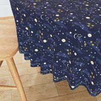 Cartoon cosmos fabric design - moon, planets, space and stars