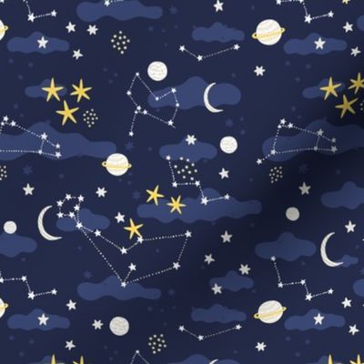 Cartoon cosmos fabric design - moon, planets, space and stars