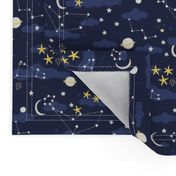 Cartoon cosmos fabric design - moon, planets, space and stars