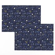 Cartoon cosmos fabric design - moon, planets, space and stars