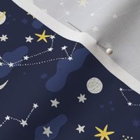 Cartoon cosmos fabric design - moon, planets, space and stars