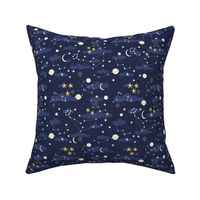 Cartoon cosmos fabric design - moon, planets, space and stars