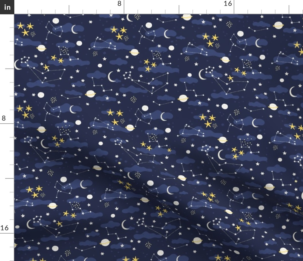 Cartoon cosmos fabric design - moon, planets, space and stars