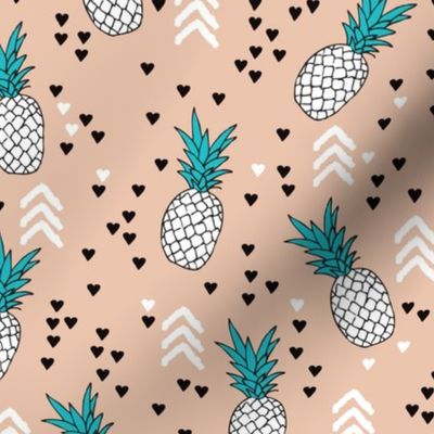 geometric summer pineapple ananas illustration with arrows and hearts gender neutral scandinavian style design in tropical fruit theme