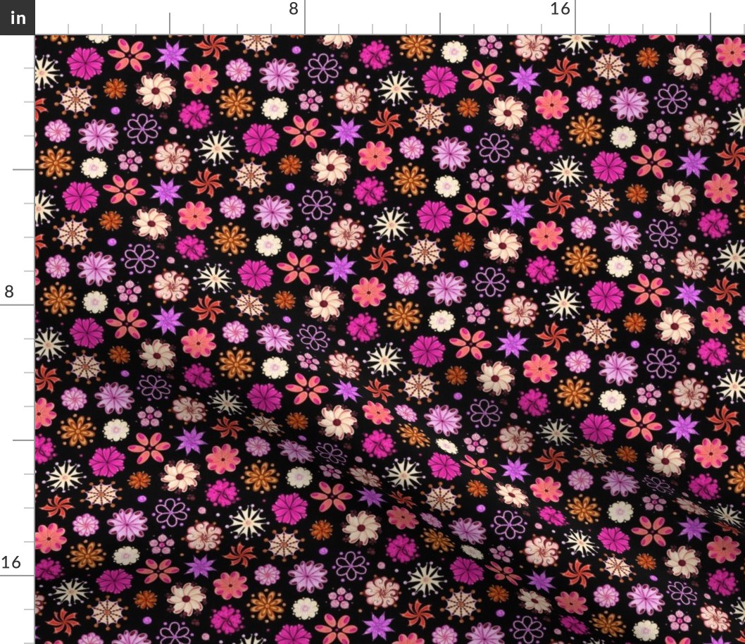 Fancy Flowers- Ornate Pink- Small- Black Background