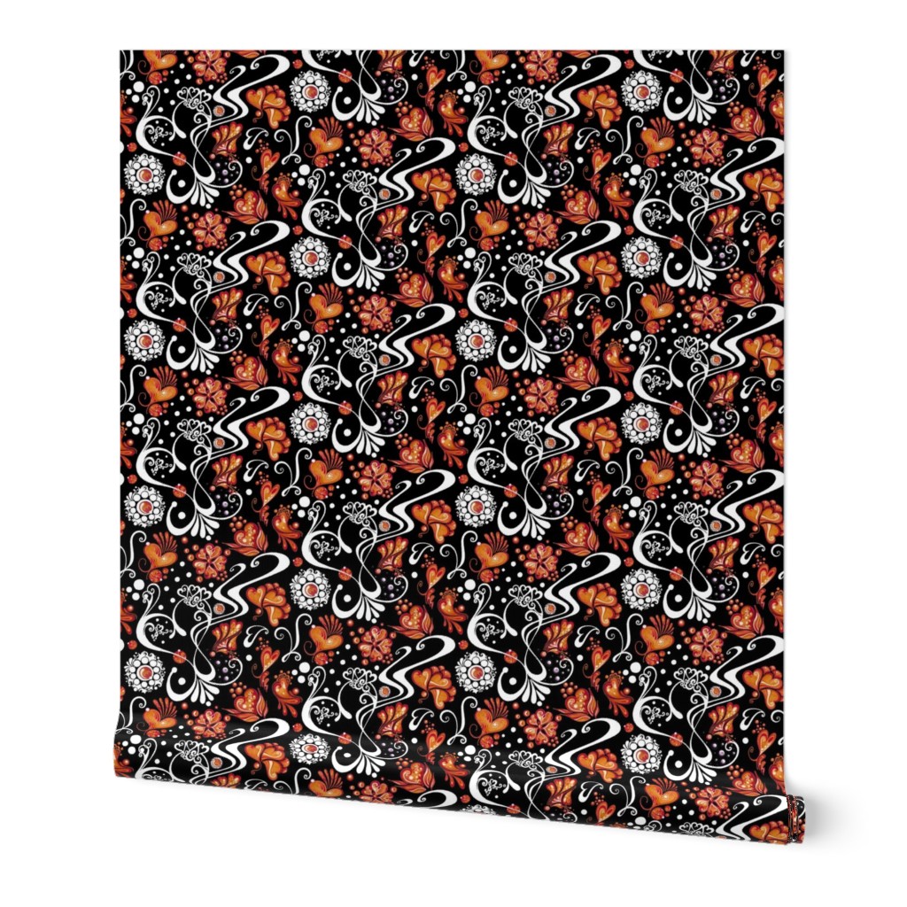 Hearts- Swirly- Orange Flowers- Large- Black Background