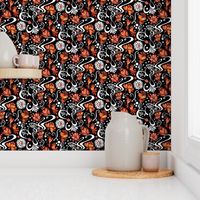 Hearts- Swirly- Orange Flowers- Large- Black Background