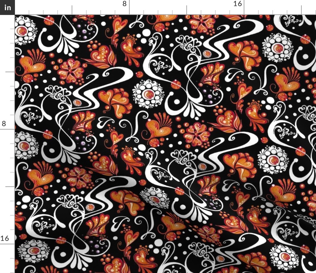 Hearts- Swirly- Orange Flowers- Large- Black Background