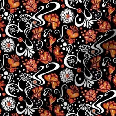 Hearts- Swirly- Orange Flowers- Small- Black Background