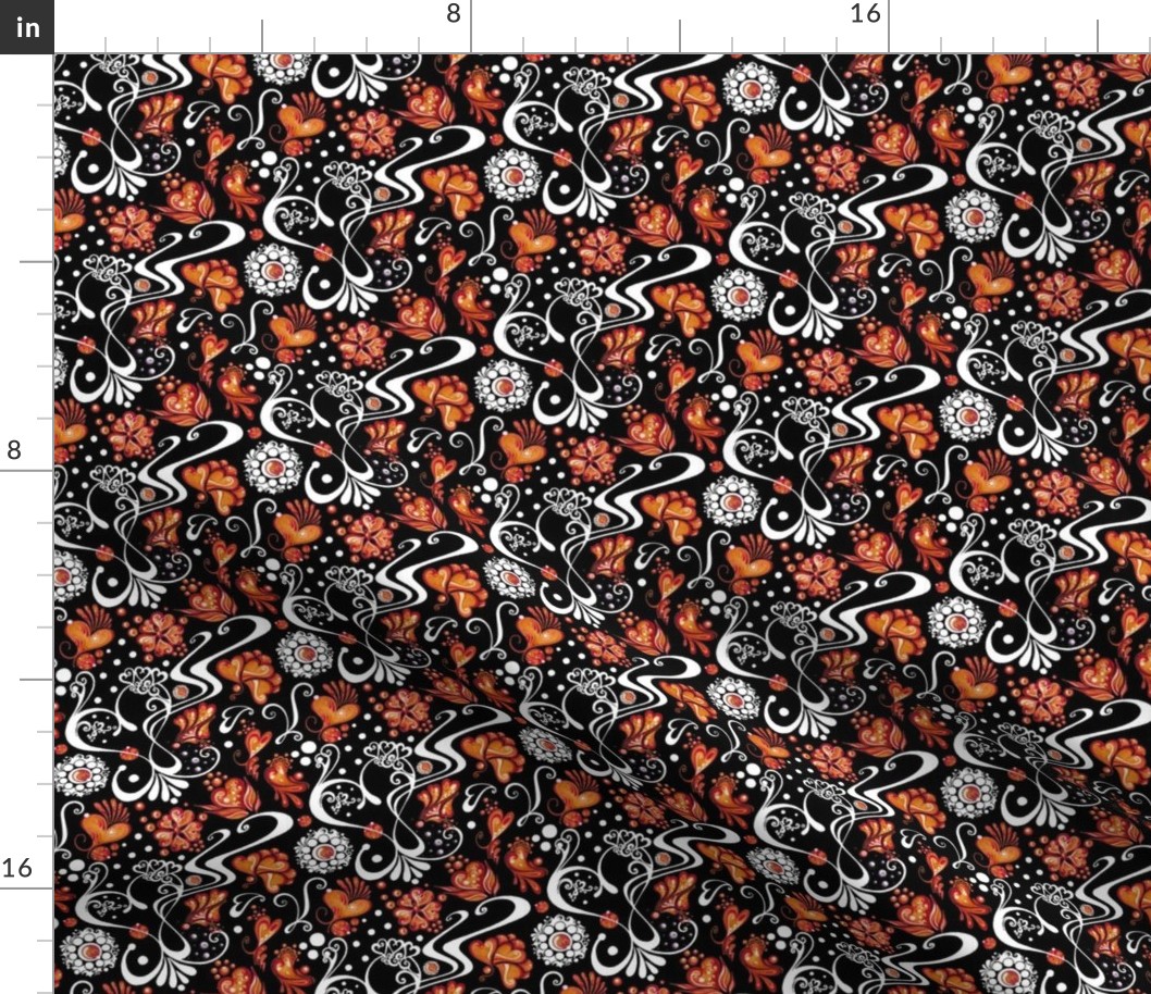 Hearts- Swirly- Orange Flowers- Small- Black Background
