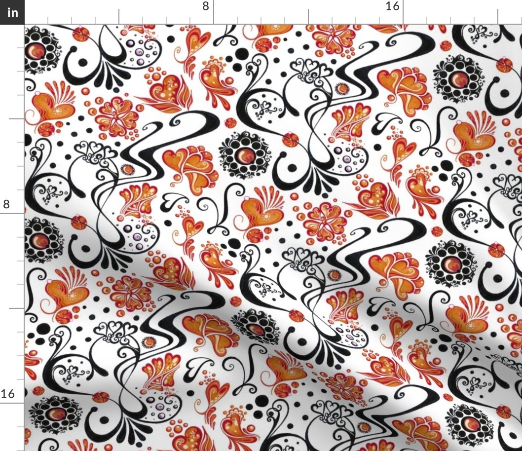 Hearts- Swirly- Black- Orange Flowers- Large- White Background