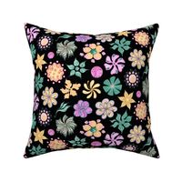 Celebrational Flowers- Large- Black Background- Green, Pink, Yellow Ornate Flowers Blooms
