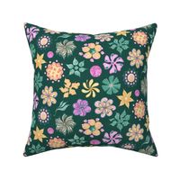 Celebrational Flowers- Large- Green Background, Green, Pink, Yellow, Ornate Flowers Bloom