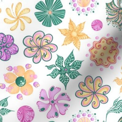 Celebrational Flowers- Large- White Background, Green, Pink, Yellow, Ornate Flowers Blooms