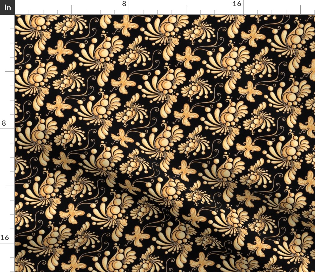 Golden Balls- Small- Black Background- Ornate Swirly Butterfly Designs