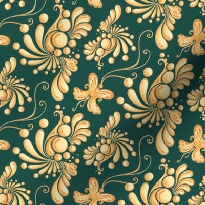 Golden Balls- Small- Green Background, Ornate Swirly Butterflies, Designs