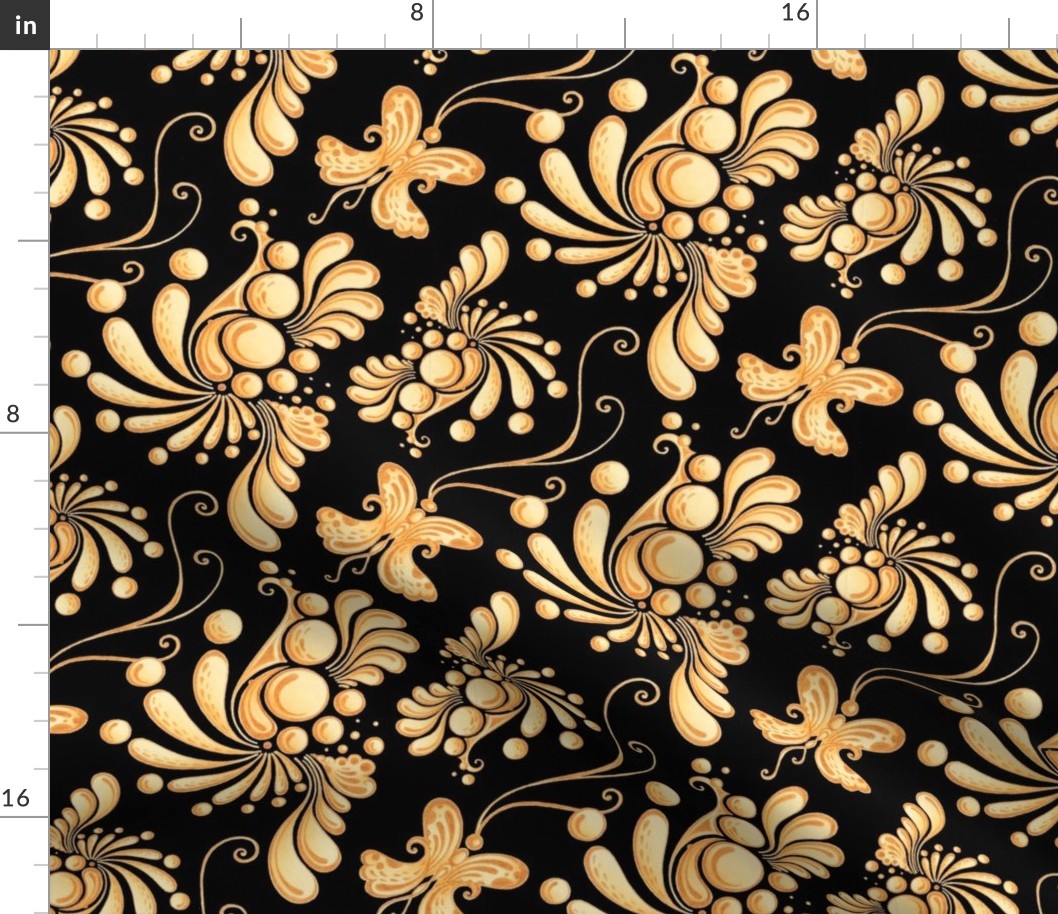 Golden Balls- Large- Black Background- Ornate Swirly Butterflies- Designs