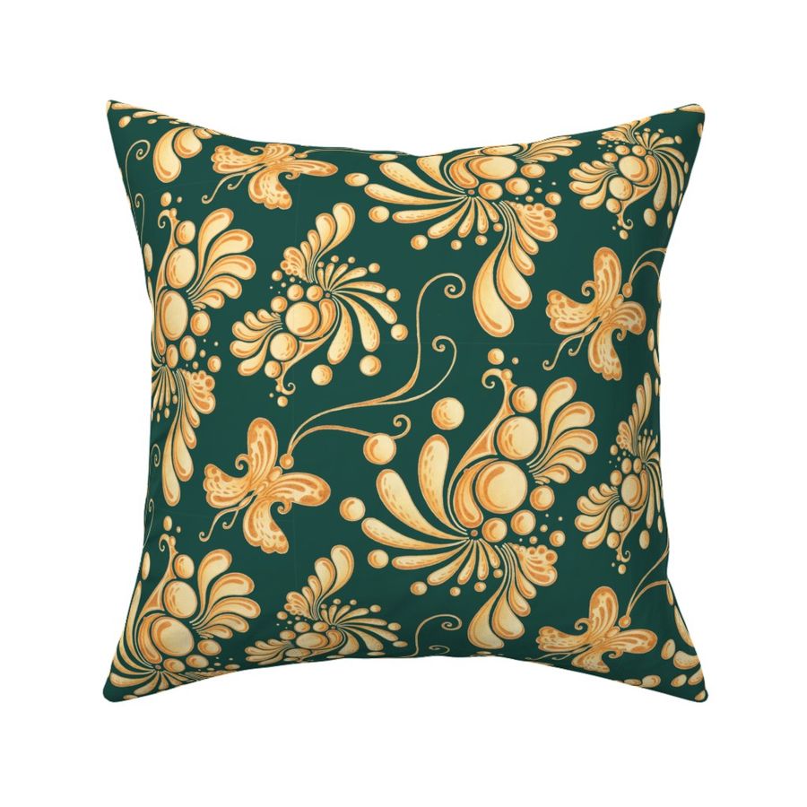 Golden Balls- Large- Green Background, Ornate Swirly Butterflies, Designs