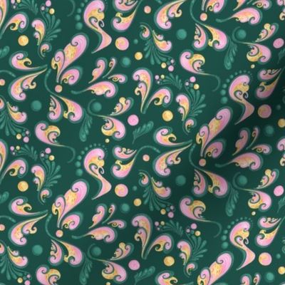 Swirls- Small- Green Background, Green, Pink, Yellow Designs