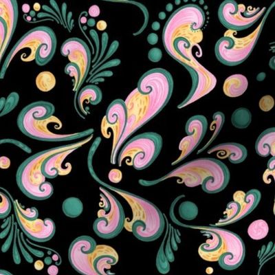Swirls- Large- Black Background- Green, Pink, Yellow Designs